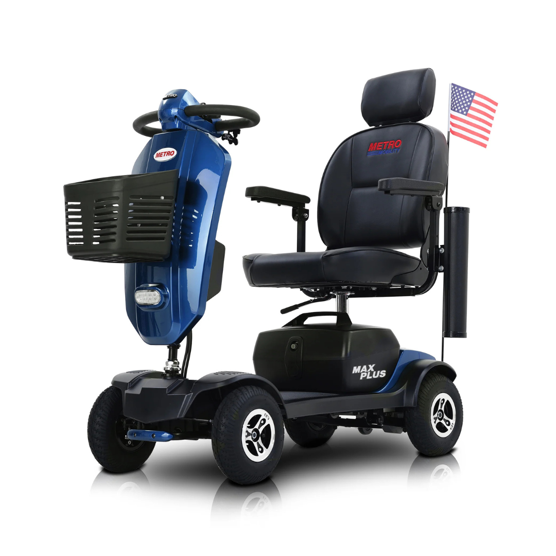 The Metro Mobility MAX Plus Scooter is a blue four-wheel scooter with a black seat, front basket, small American flag on the back, and a powerful 300W motor for extended range.